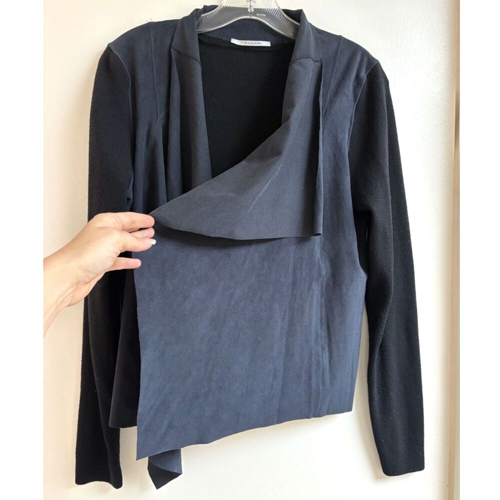 T Tahari Faux Suede Open Front Cardigan Jacket Mixed Media Wool Knit Witchy L - Picture 3 of 8